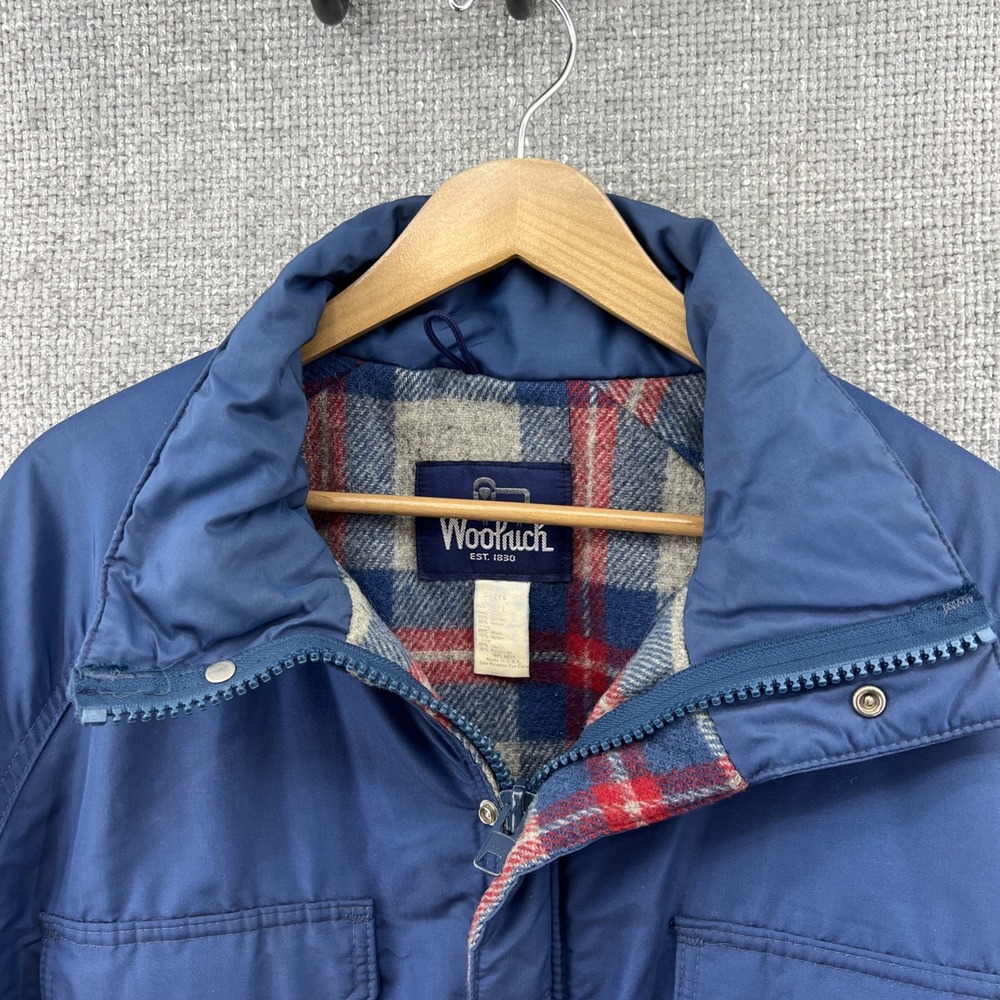 Vintage Woolrich Parka Mens L Blue Barn Coat Plaid Lined Long Coat Pockets Faded